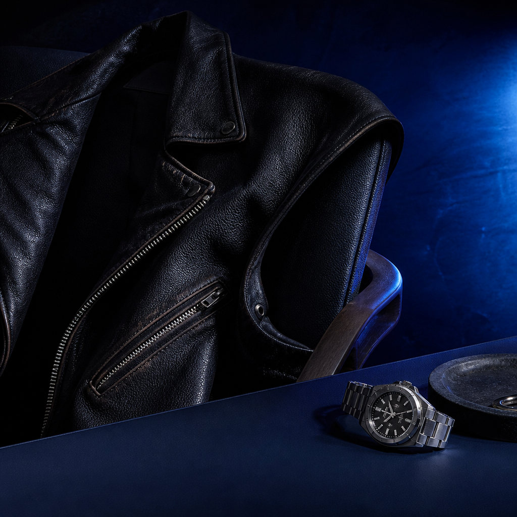 Leather jacket and watch in low light