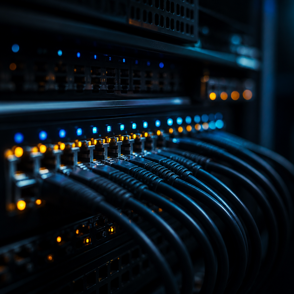 Network hardware and cables in a server rack