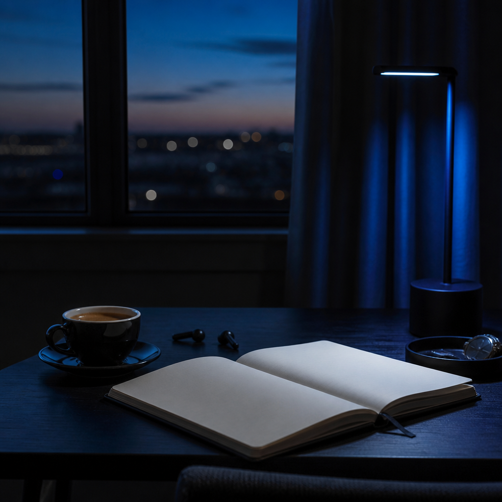 Desk at blue hour — software workspace